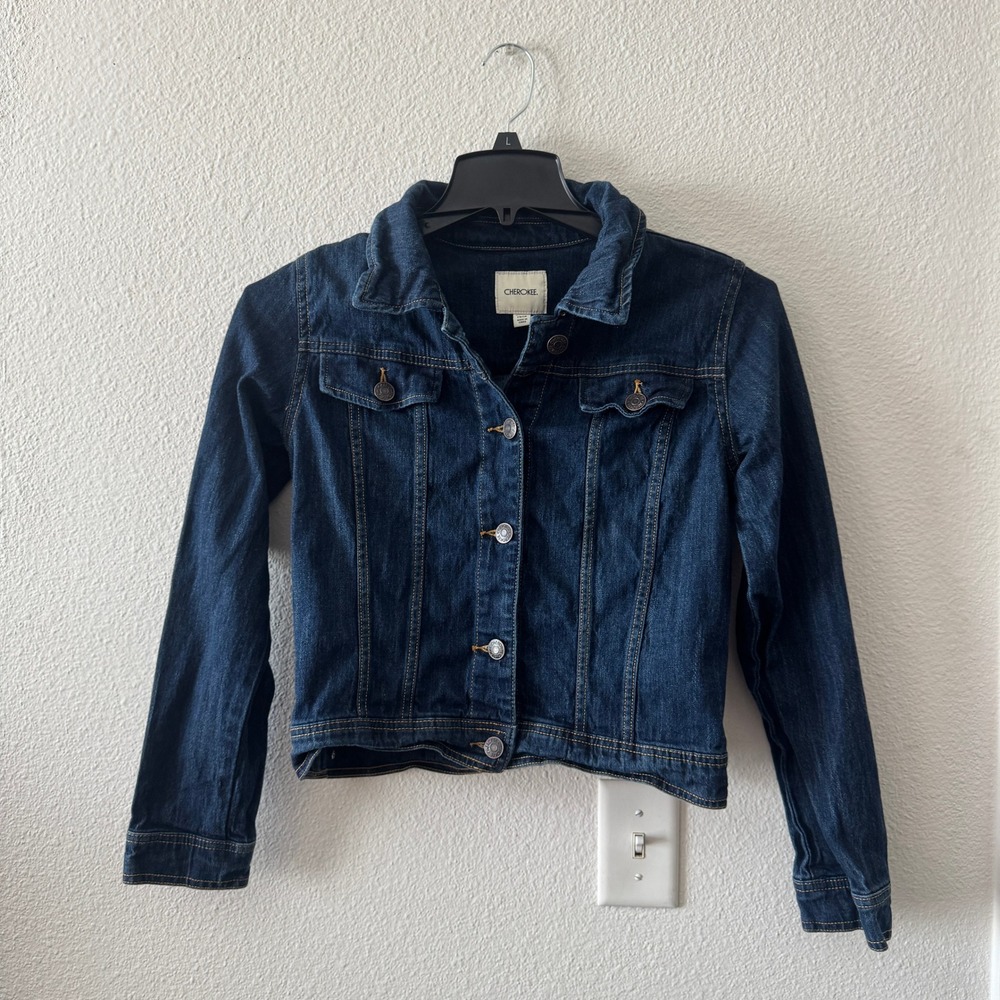 Cherokee Denim Trucker Jacket Kids XL/Women S/M Dark Wash Y2K Cropped 90s Grunge